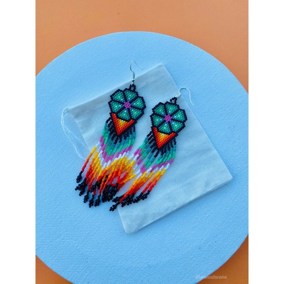 Mexican Earrings Huichol Earrings Floral Mexican Earrings, Boho Floral Earrings, - Picture 4 of 7